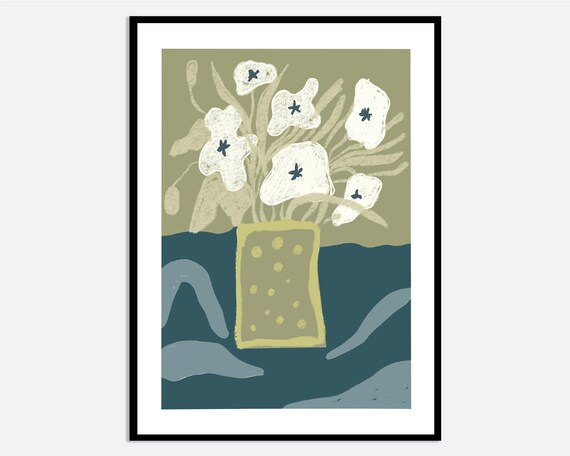 White Flowers In Green Vase Wall Art Print Hand Drawn Abstract Floral Still Life Contemporary Modern Botanical Poster Ma98