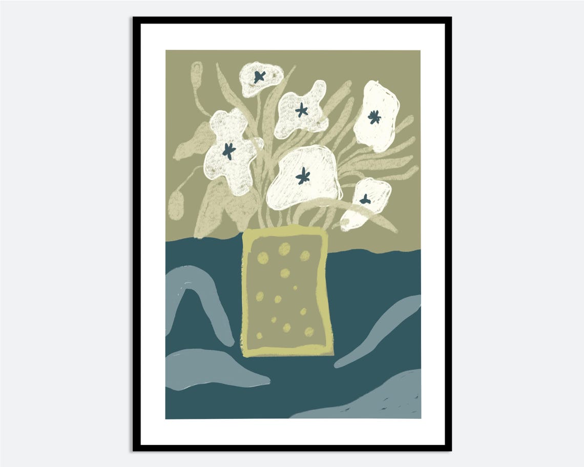 White Flowers Yellow Polka Dot Vase Abstract Botanical Art Poster