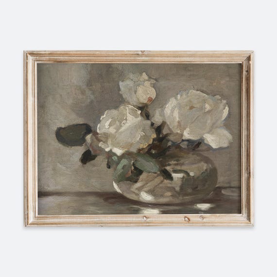 European Vintage White Rose Flowers In Vase Still Life Wall Art Print Rustic Dark Oil Painting Antique Moody Floral Farmhouse Poster Vp187