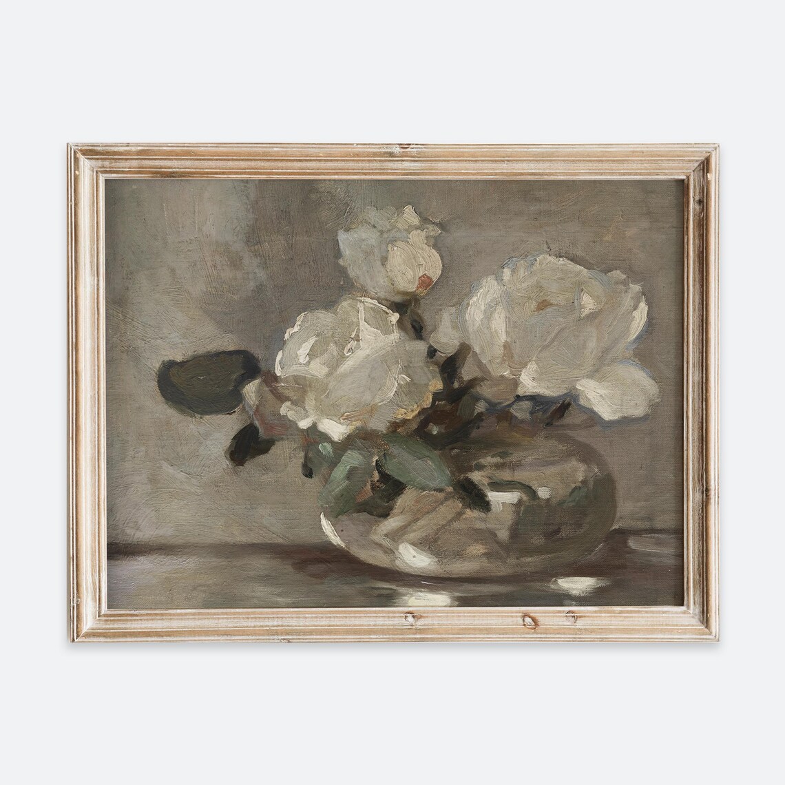 White Roses in Vase Vintage Oil Painting Floral Still Life Poster