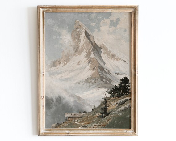 Vintage Winter Snow Mountain Landscape Chalet Alpine Oil Painting Poster