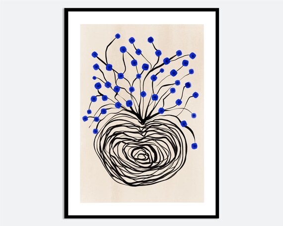 Colorful Blue Flowers In Abstract Vase Botanical Wall Art Print Poster Floral Still Life Decor Line Fm122