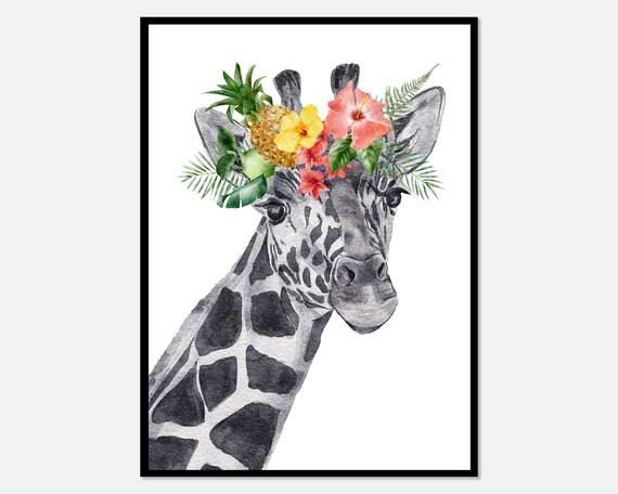 Watercolor Giraffe With Tropical Flower Crown Botanical Poster