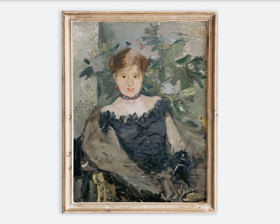 Vintage Rustic Young Girl In A Black Gown Dress Portrait Oil Painting Wall Art Print Antique Woman Poster Moody Muted Farmhouse Vp392