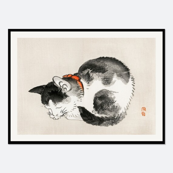 Kono Bairei Curled Sleeping Cat Ink Wash Vintage Japanese Art Poster