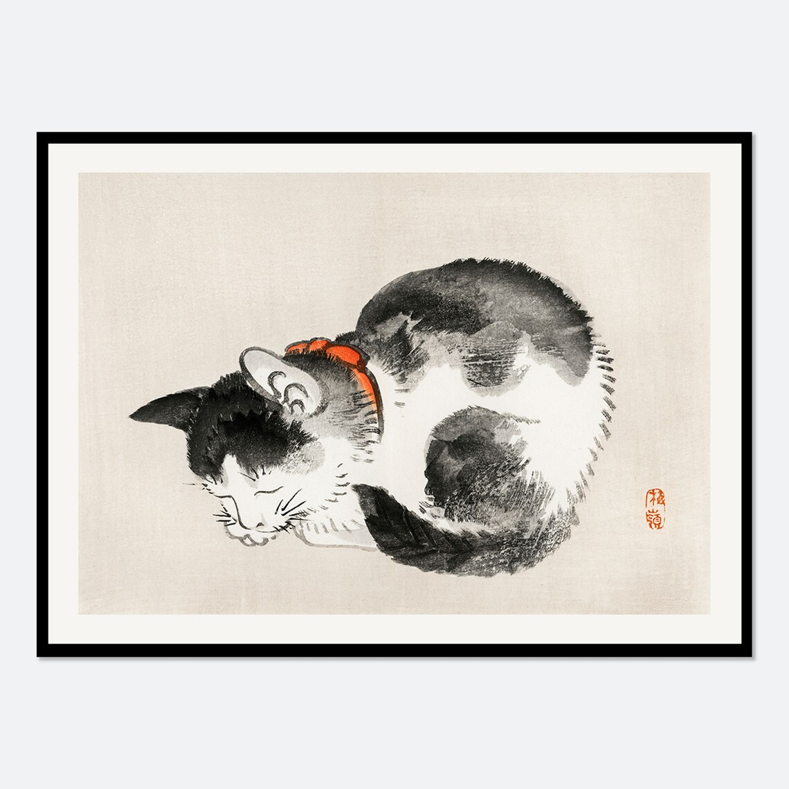 Kono Bairei Curled Sleeping Cat Ink Wash Vintage Japanese Art Poster
