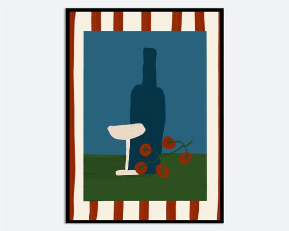 Contemporary Wine Still Life Wall Art Print Hand Painted Modern Food Poster Tomato Kitchen Decor Graphic Illustration Ma169