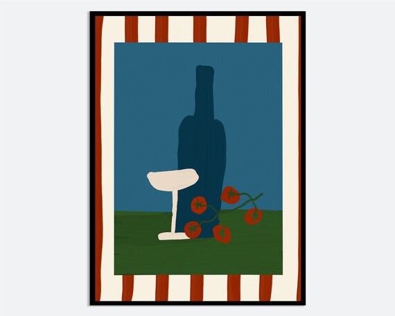 Wine Bottle Still Life Teal Glass Cherry Tomatoes Striped Poster