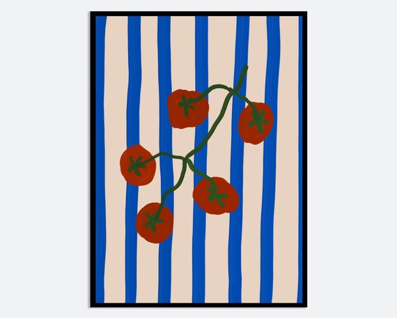 Tomatoes On Vine Bold Red Striped Blue Cream Modern Kitchen Poster