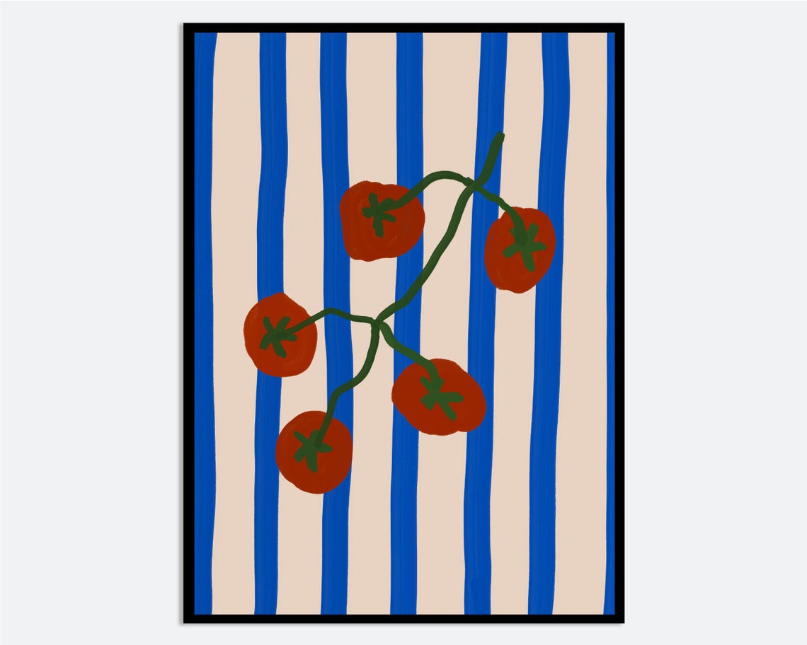 Tomatoes On Vine Bold Red Striped Blue Cream Modern Kitchen Poster