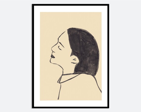 Black Hair Woman Portrait Wall Art Print Hand Drawn Minimalist Girl Line Drawing Modern Figure Poster Neutral Decor Ma150