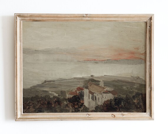 Coastal Village at Dusk Muted Seascape Oil Painting Landscape Poster
