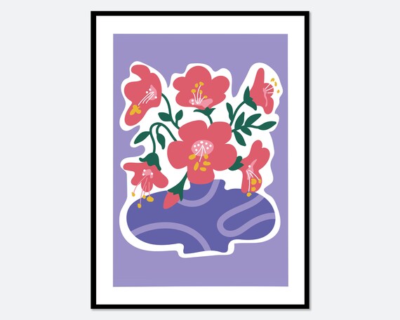 Red Blossom Flowers in Purple Vase on Lavender Abstract Art Poster