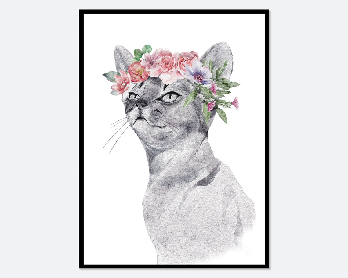 Safari Cat With Pink Flowers Crown Art Print