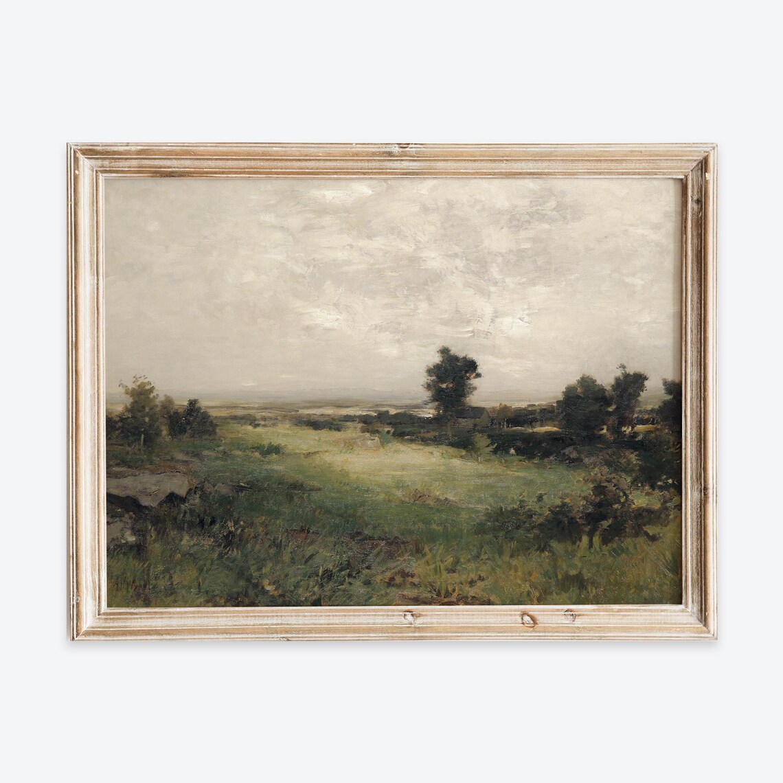 Vintage Green Valley Meadow Oil Painting Rustic Muted Landscape Poster