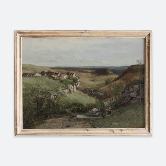 Rustic Vintage European View Of Castle Painting Wall Art Print Green Field Hilltop Landscape Poster Antique Moody Farmhouse Vp204