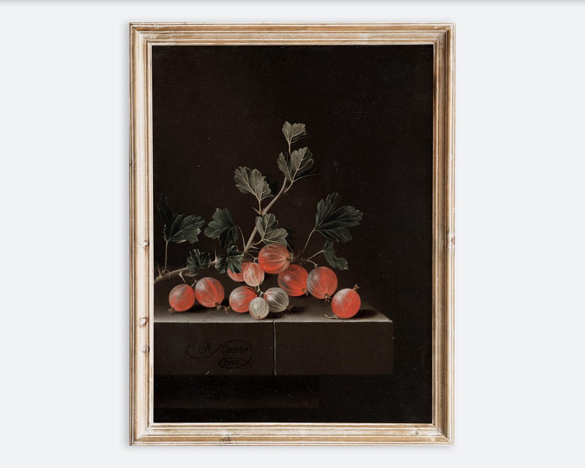 European Vintage Berries Still Life Wall Art Print Rustic Dark Moody Oil Painting Fruits Poster Antique Country Farmhouse Kitchen Vp268