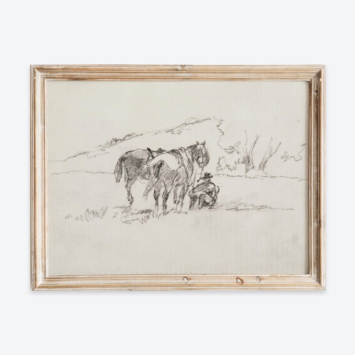 Vintage European Rustic Horses in Nature Sketch Print