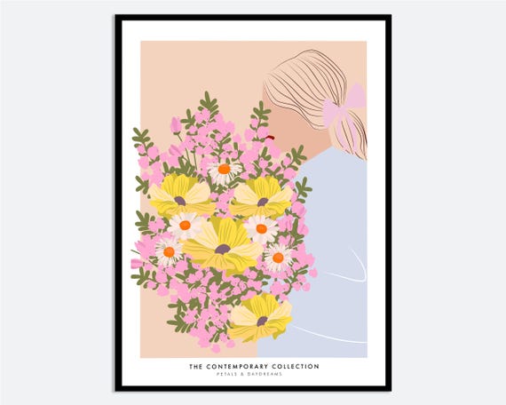Girl With Yellow And Pink Flower Bouquet Wall Art Print Hand Drawn Spring Summer Illustration Contemporary Modern Poster Ma67