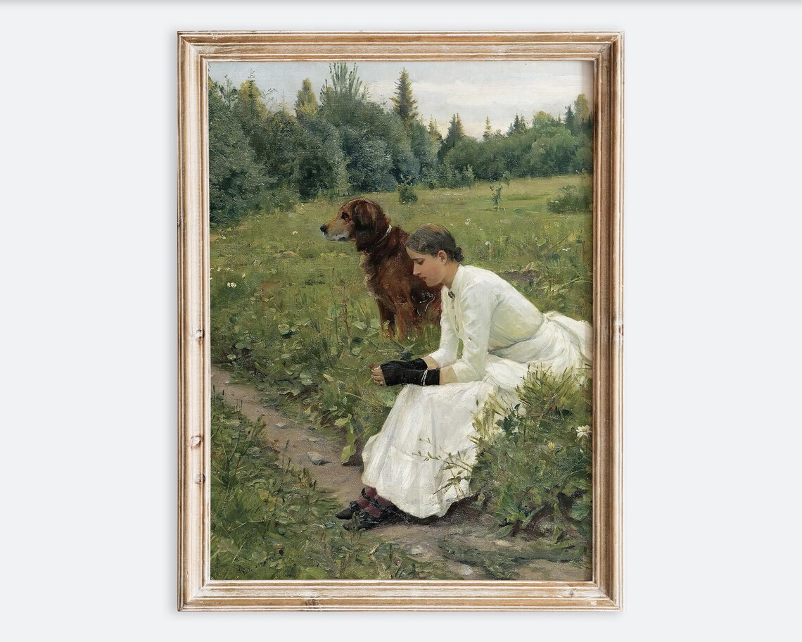 Vintage Girl with Dog in Meadow Antique Oil Painting Landscape Poster