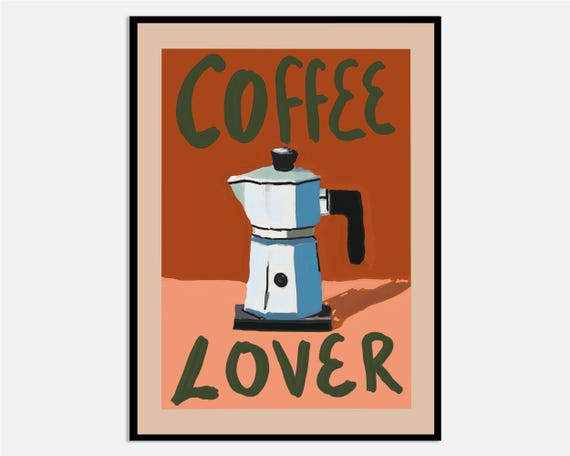 Coffee Lover Wall Art Print Hand Painted Moka Pot Poster Modern Kitchen Decor Graphic Food Illustration Bold Ma166