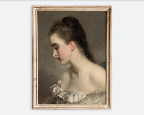 Vintage Rustic Beautiful Girl In Ball Gown Portrait Painting Wall Art Print Antique Woman Poster Moody Neutral Farmhouse Decor Vp386