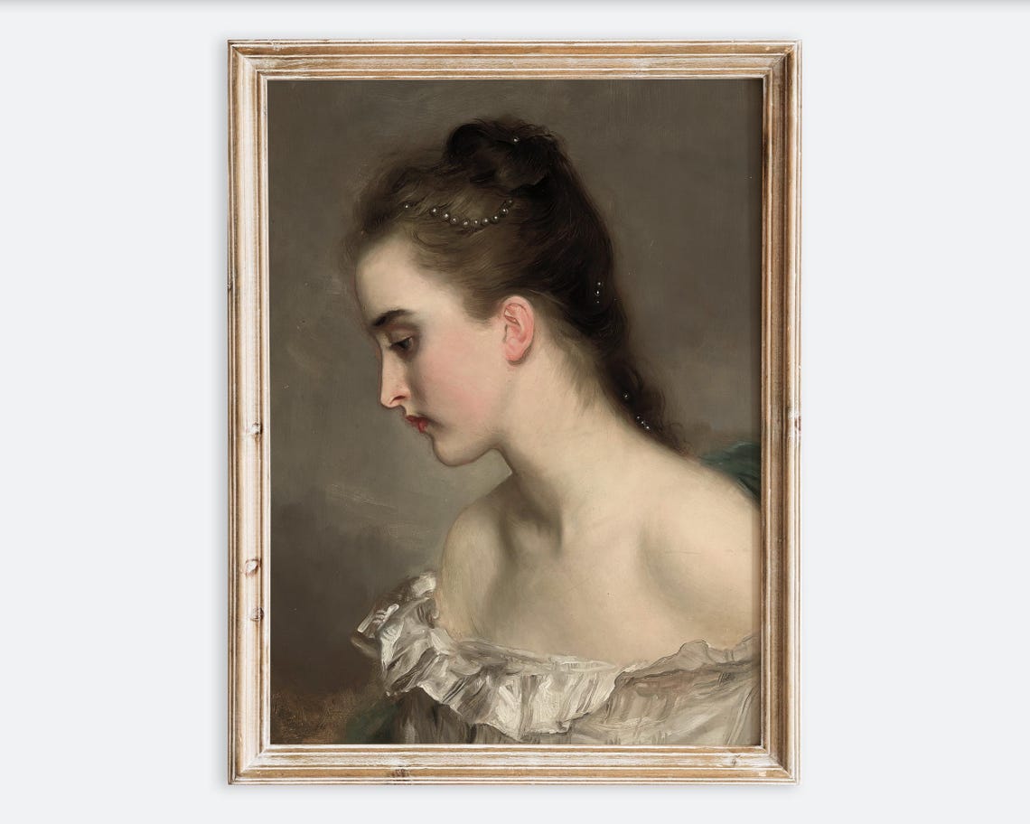 Vintage Rustic Beautiful Girl In Ball Gown Portrait Painting Wall Art Print Antique Woman Poster Moody Neutral Farmhouse Decor Vp386