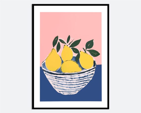 Yellow Lemons Bowl Wall Art Print Contemporary Modern Hand Drawn Fruit Illustration Pink Blue Kitchen Spring Summer Poster Ma35