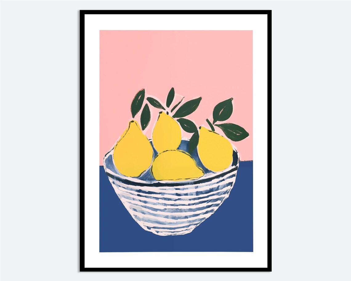 Yellow Lemons in Striped Blue Bowl Citrus Still Life Kitchen Wall Art