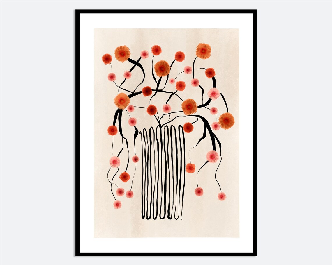 Orange Flowers In Abstract Vase, Botanical Art Print