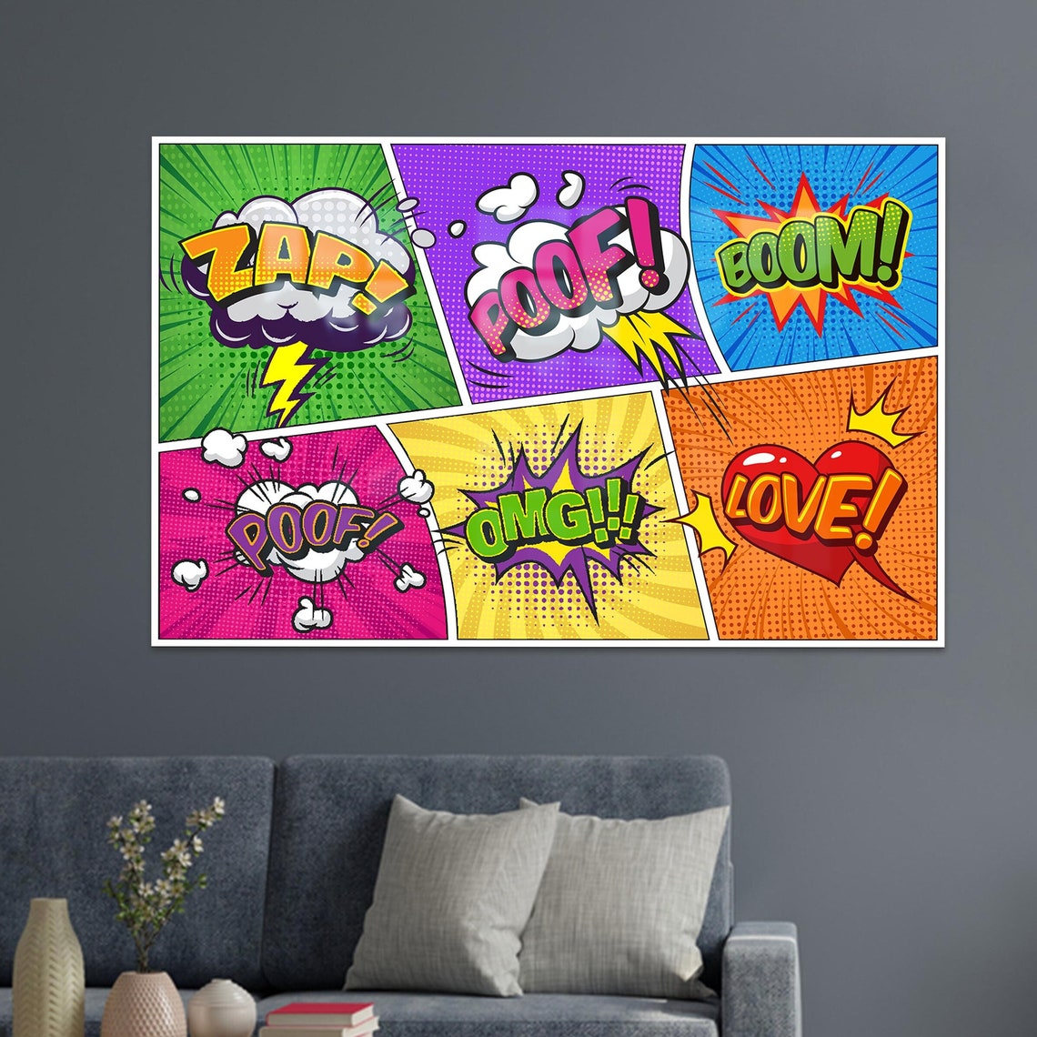 Pop Art Comic Panels ZAP BOOM LOVE Retro Speech Bubble Wall Poster
