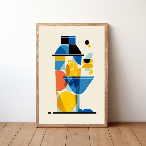 Bold Geometric Cocktail Shaker Bauhaus Style Colorful Bar Poster