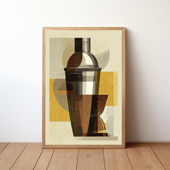 Abstract Cocktail Shaker Illustration Cubist Style Amber Bar Poster