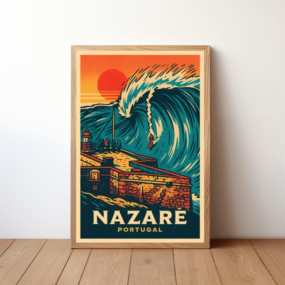 Nazar Surf Poster, Portugal Big Wave Travel Poster
