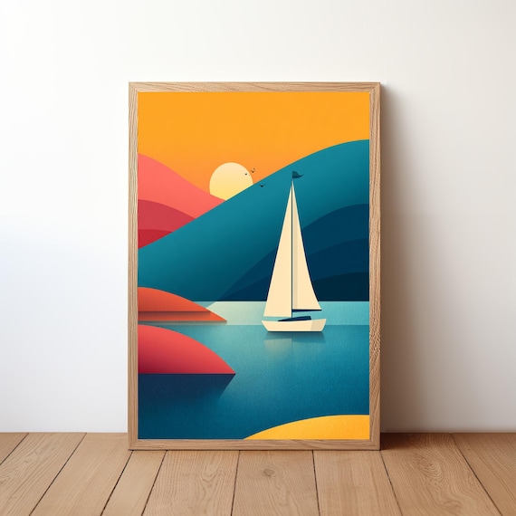 Colorful Retro Sunset Sailboat Orange Teal Minimalist Nautical Print