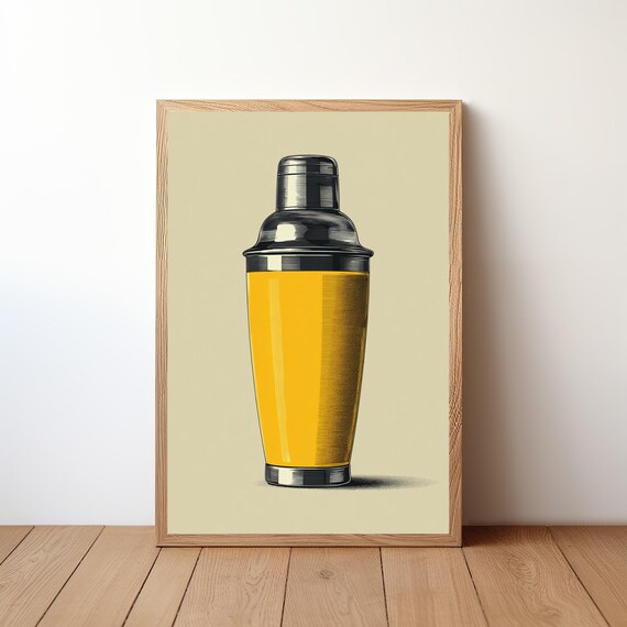 Vintage Engraved Cocktail Shaker Yellow Chrome Retro Bar Wall Art