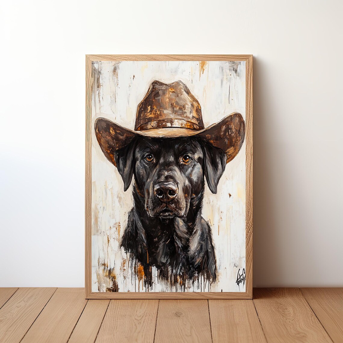 Black Labrador Cowboy Hat Dog Portrait Rustic Painting Wall Art