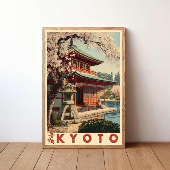 Kyoto Japan Retro Travel Poster Temple Pavilion Pond Lantern Blossoms