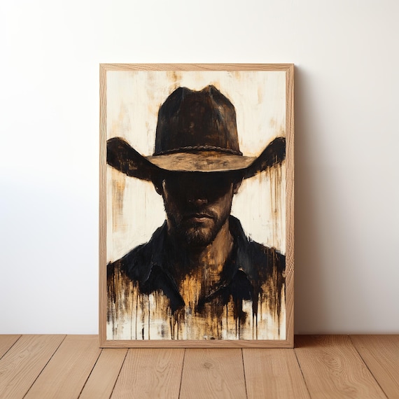 Dark Cowboy Shadowed Face Western Oil Painting Moody Wall Art