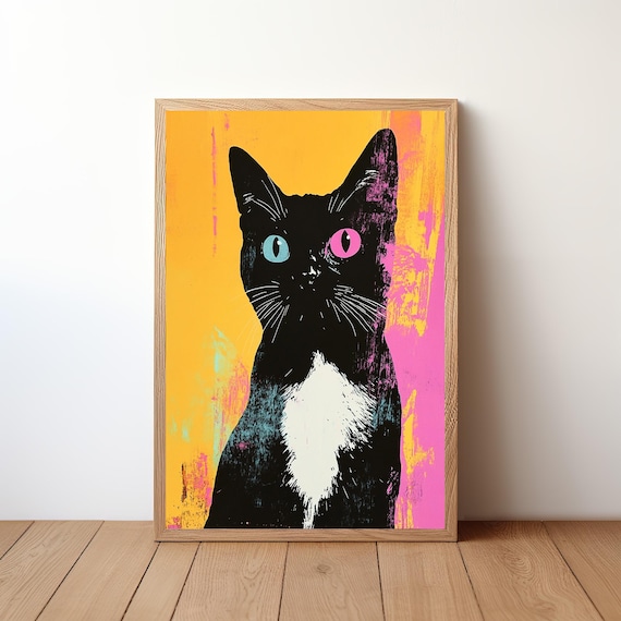 Tuxedo Black Cat Pop Art Mismatched Eyes Bright Colorful Poster