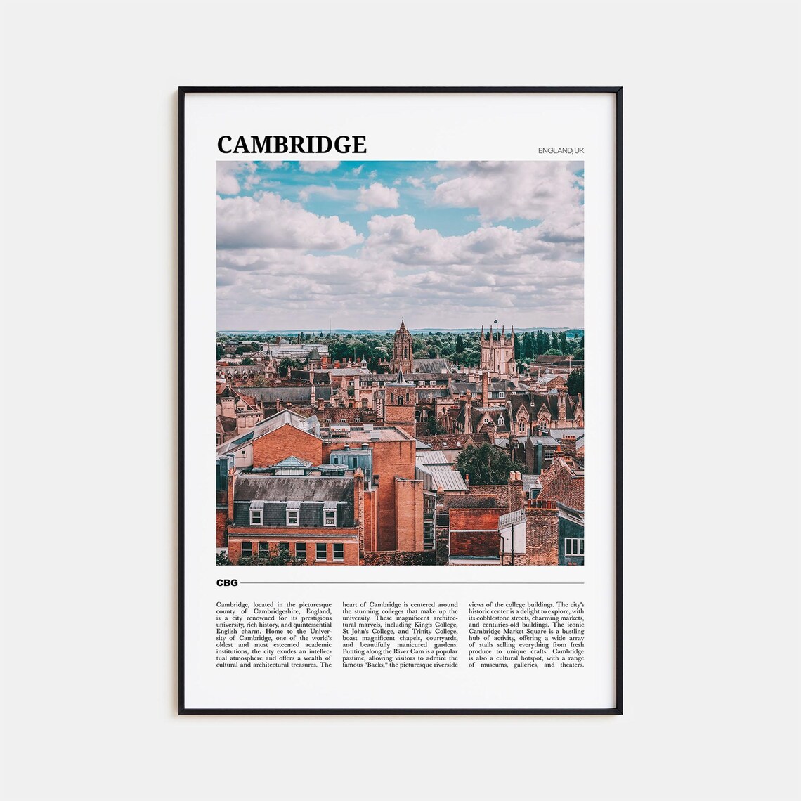 Cambridge Travel Poster, England Wall Art Print
