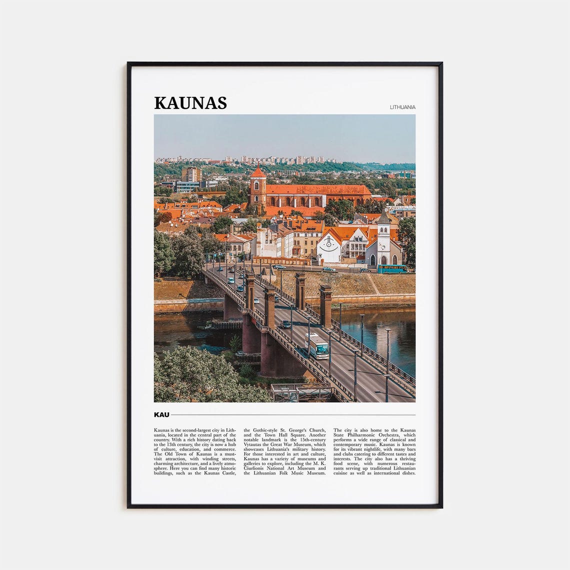 Kaunas Lithuania Travel Poster Old Town Bridge Red Rooftop City View