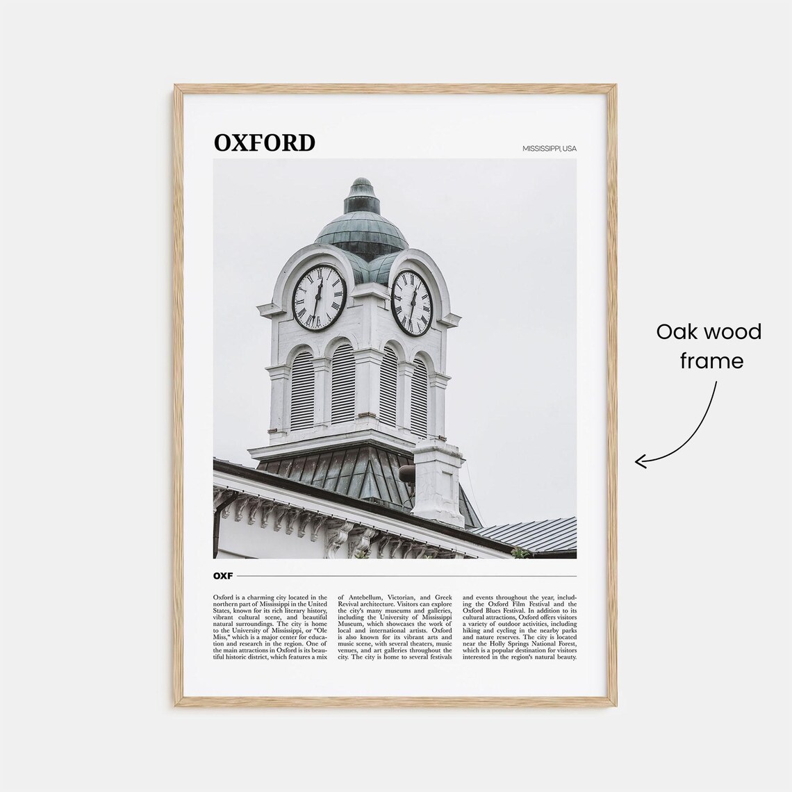 Oxford Mississippi USA Historic Clock Tower Black and White Poster - Image 3