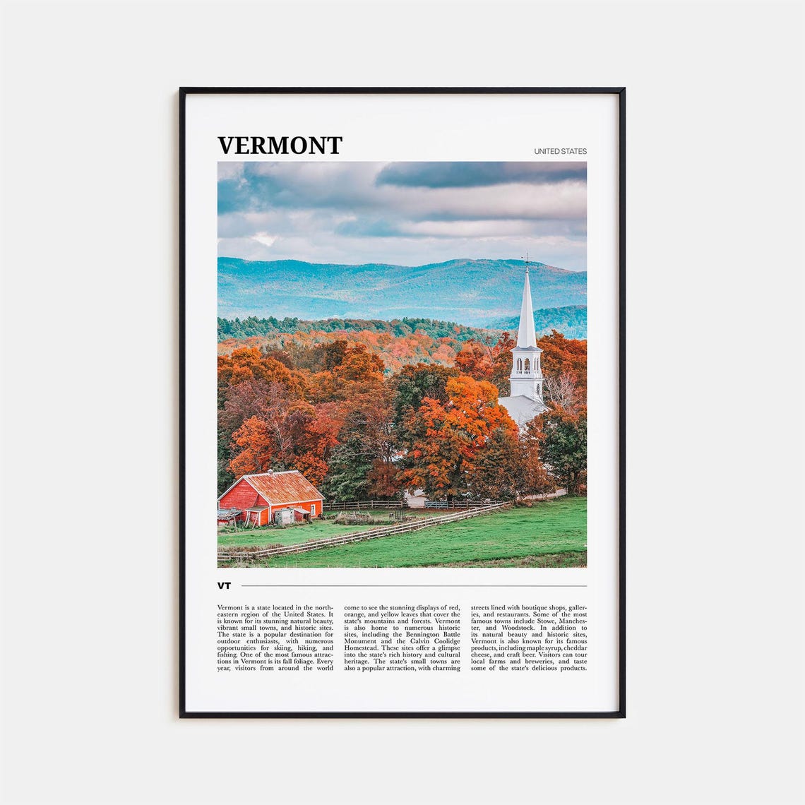 Vermont Fall Foliage White Church Steeple Autumn Travel Poster