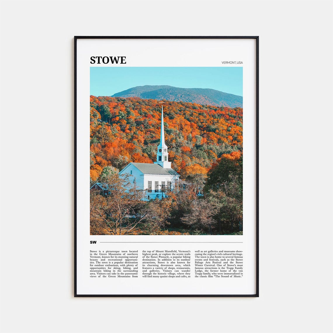 Stowe Vermont White Church Autumn Foliage Mountain Travel Poster