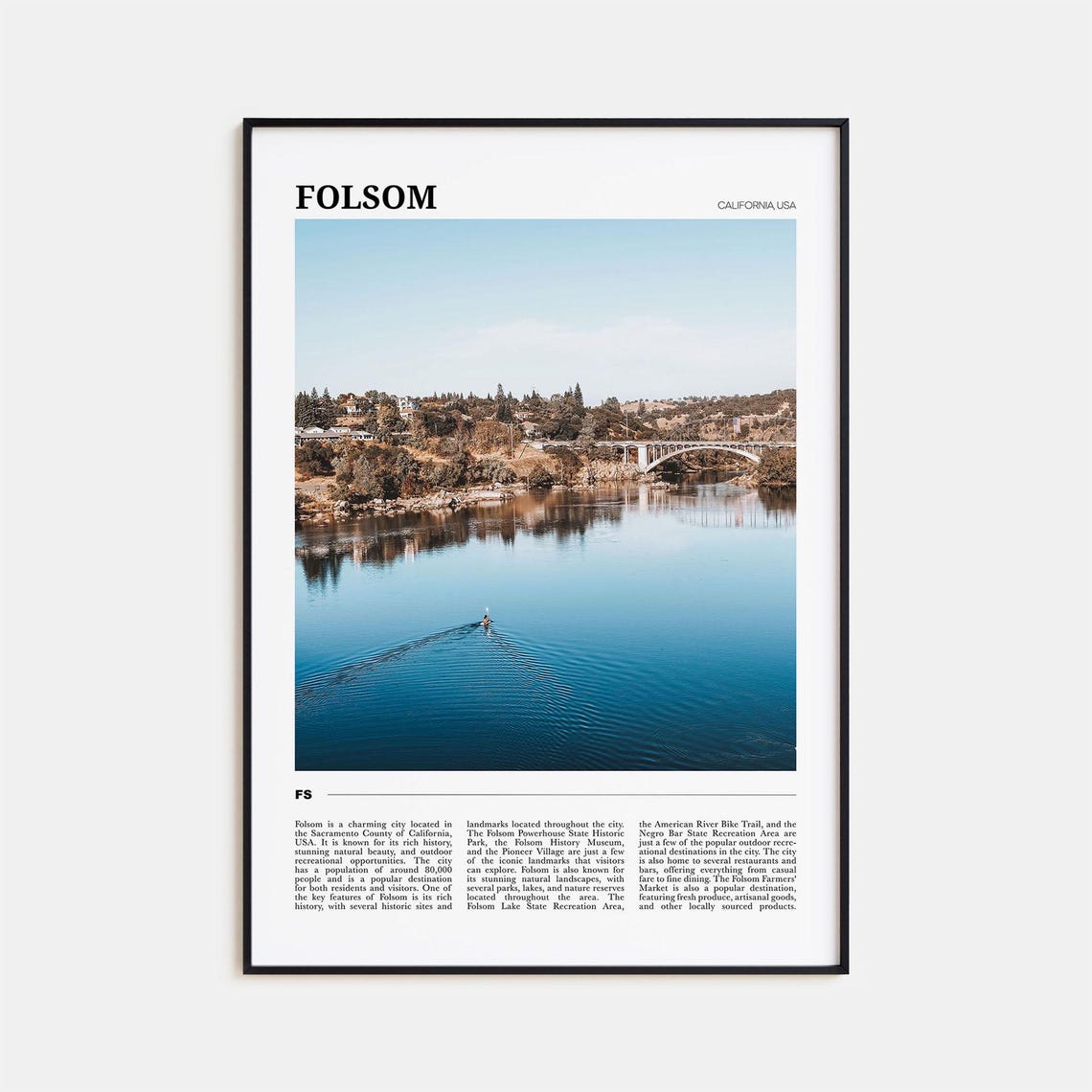 Folsom California USA Calm Lake Kayak Bridge Reflection Travel Poster