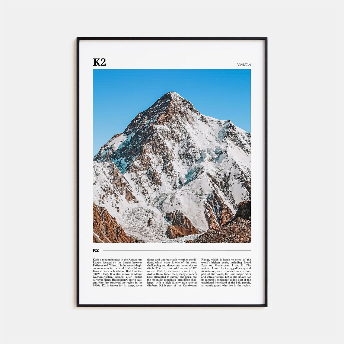 K2 Travel Poster, Pakistan Mountain Landscape