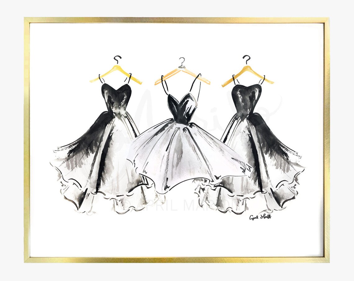 Trio of Black Ball Gowns Fashion Watercolor Illustration Poster - Image 2