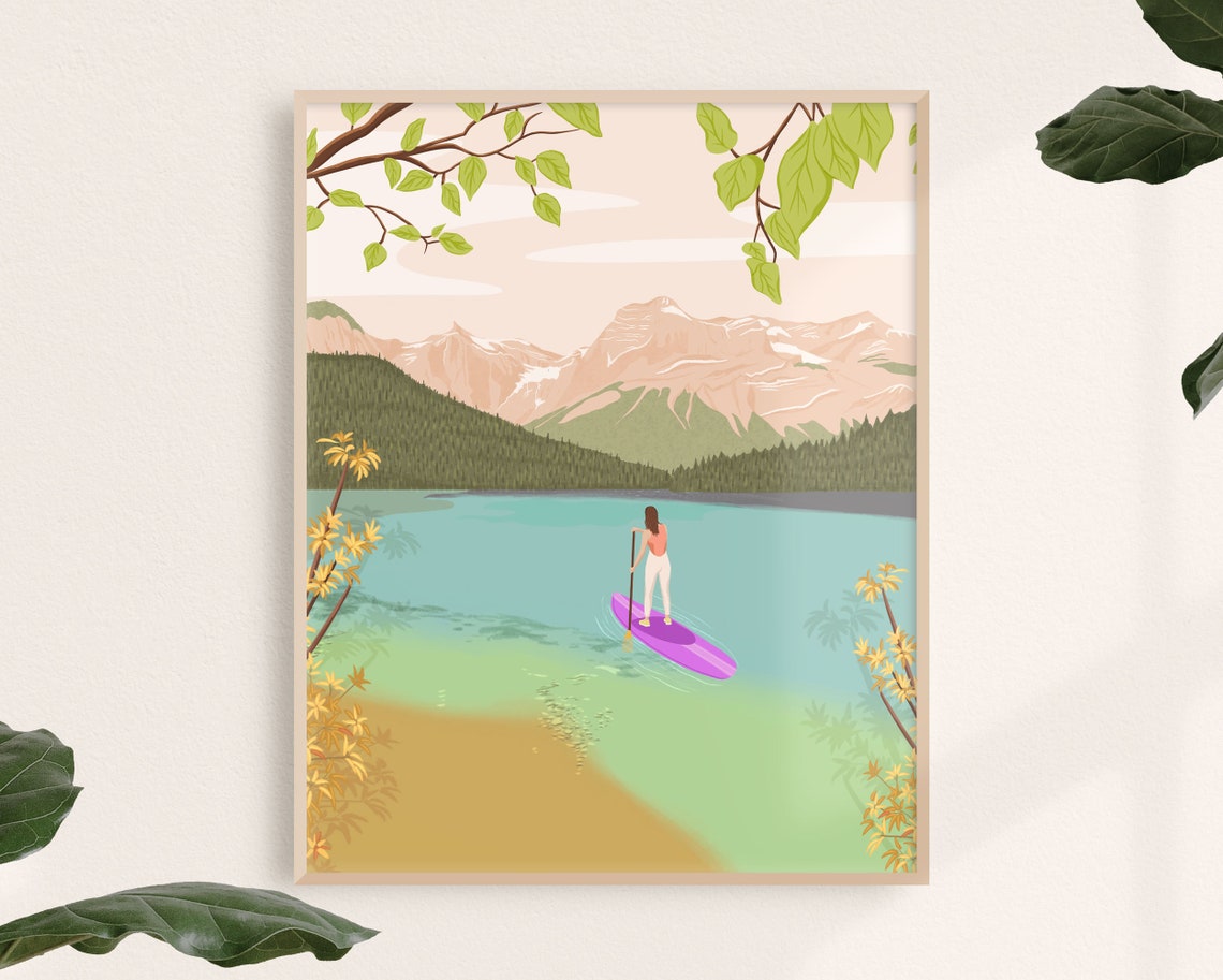 Paddleboarder on Turquoise Mountain Lake Modern Illustration Poster
