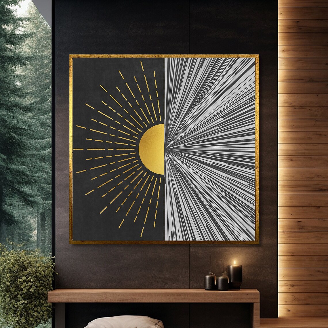 Modern Sun And Lines Painting, Abstract Geometric Decor
